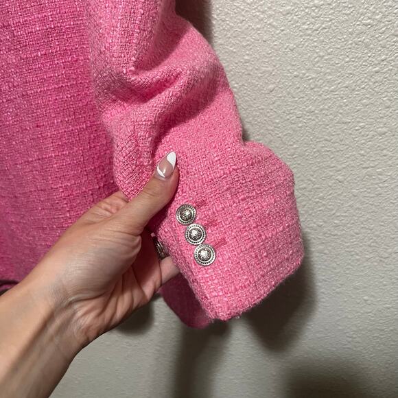Zara Women's Medium Double-Breasted Textured Weave Tweed Blazer Jacket in Pink - Picture 5 of 11